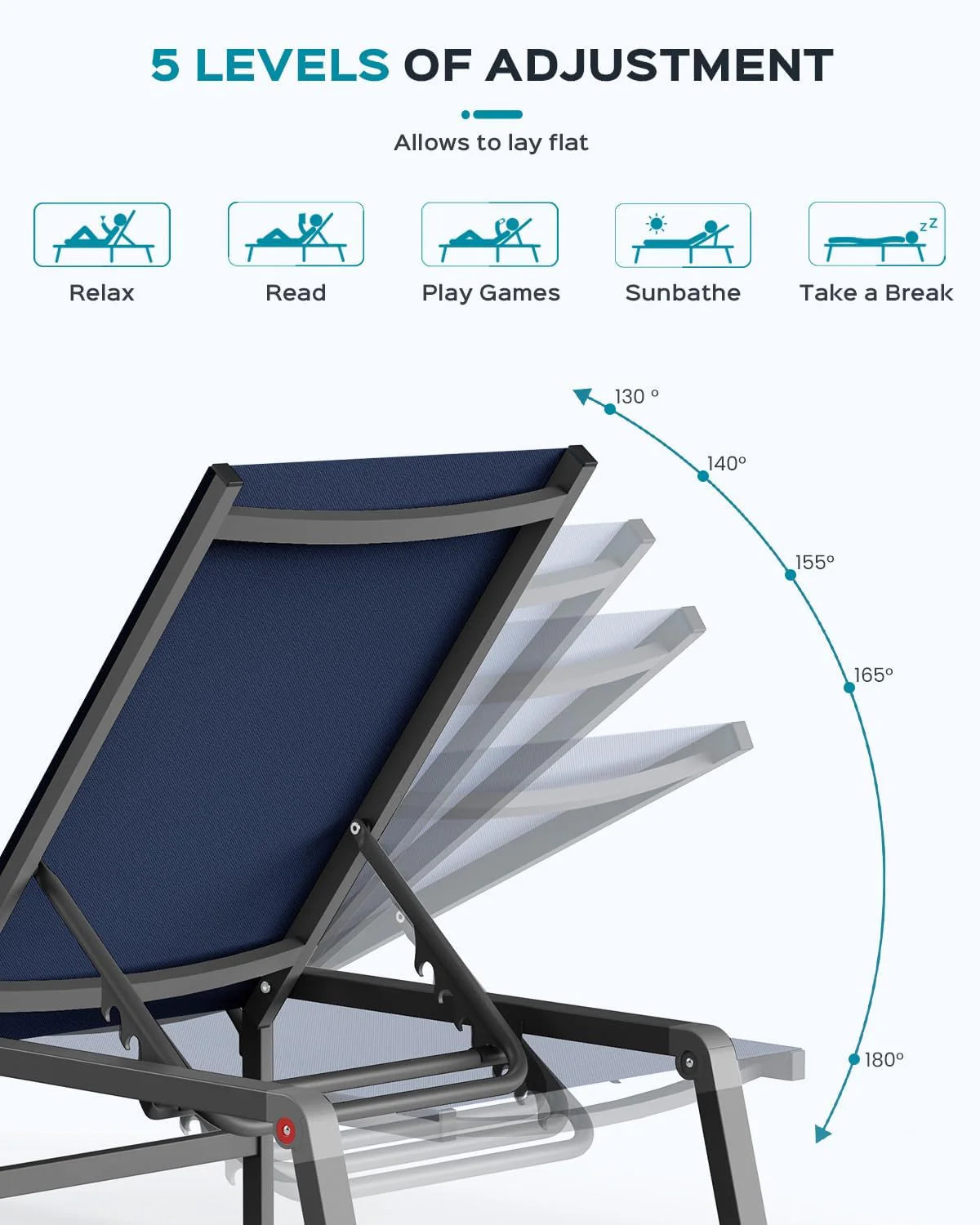 Tumbona de Aluminio para Exterior – Silla de Jardín Plegable sin Montaje, con Respaldo Ajustable en 5 Posiciones, para Terraza, Piscina, Playa – Negra
