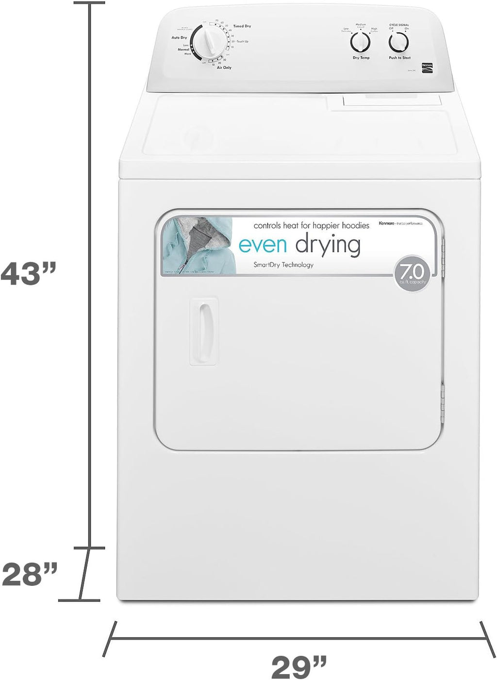 Secadora Eléctrica Kenmore de Carga Frontal de 29″ con Tecnología Wrinkle Guard y Capacidad Total de 7.0 Pies Cúbicos, Blanco