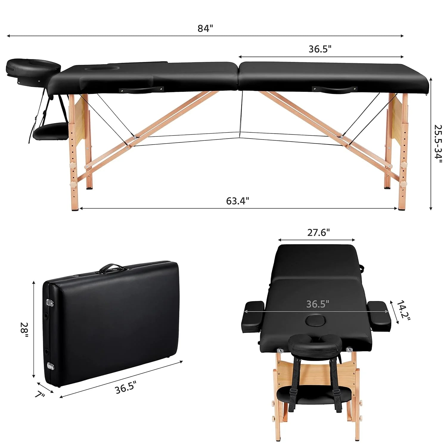 Mesa de Masajes Yaheetech – Mesa Plegable Portátil para Tratamientos, Pestañas, Spa – Mesa de Masaje Ajustable en 2 Secciones con Bolsa No Tejida, 24 pulgadas, Negra