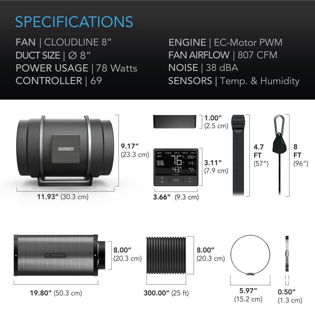 2025 Kit de Filtración de Aire AC Infinity PRO 8” con Ventilador CLOUDLINE, Controlador 69 y Filtro de Carbón – Ideal para Cultivo Interior e Hidroponía