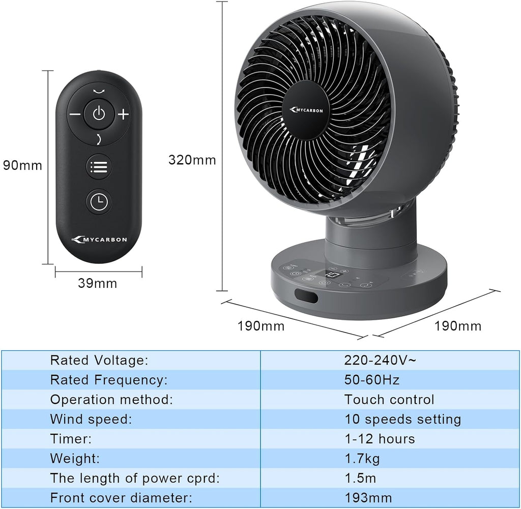 MYCARBON Ventilador de Mesa Turbo Silencioso 20dB, Motor DC Potente, Oscilación de 30°-60°-90°, 11 Velocidades, Temporizador 12h y Encendido Programado, con Control Remoto