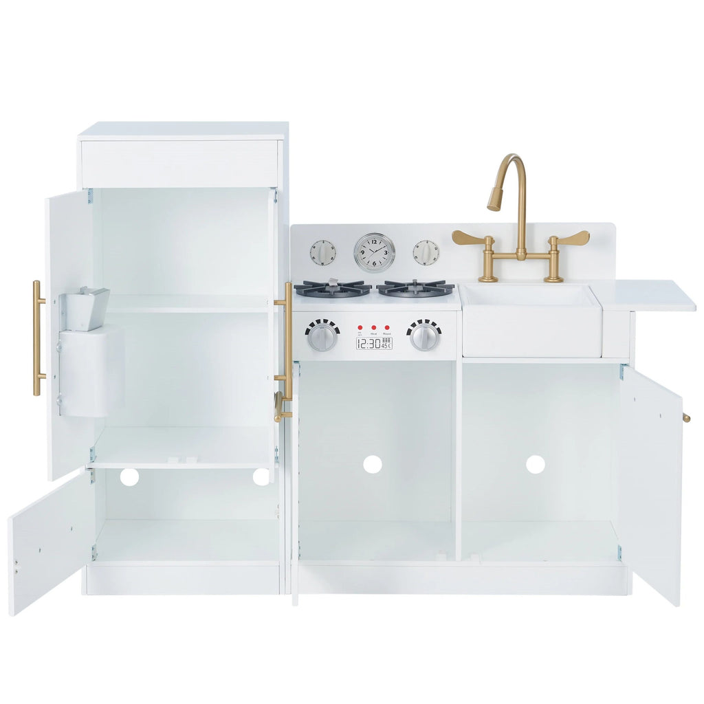 2025 Cocina Moderna para Niños Teamson Little Chef Charlotte con Refrigerador Independiente, Unidad de Cocina Separada y Características Interactivas, Blanca/Dorada