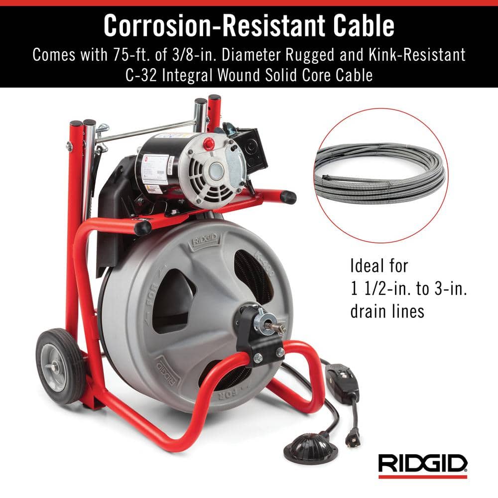 2025 K-400 Máquina de Limpieza de Drenajes 120V con Cable C-32IW de 3/8 in. x 75 ft., Set de 4 Herramientas y Guantes 52363