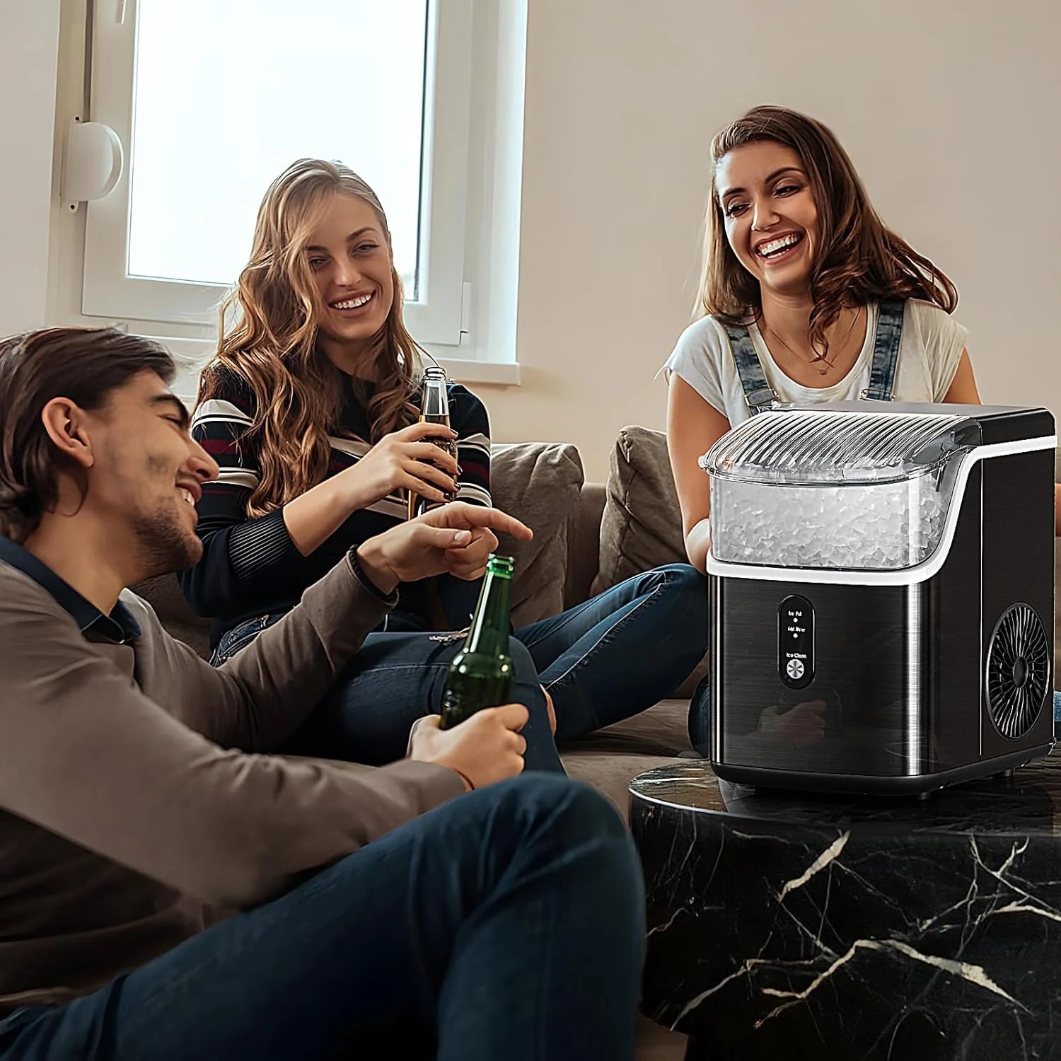 2025 Máquina de hielo tipo nugget para encimera, hielo en trozos masticables, 15 kg/24 h, autolimpiante, hielo sónico, operación con un solo botón, para cocina u oficina, acero inoxidable plateado