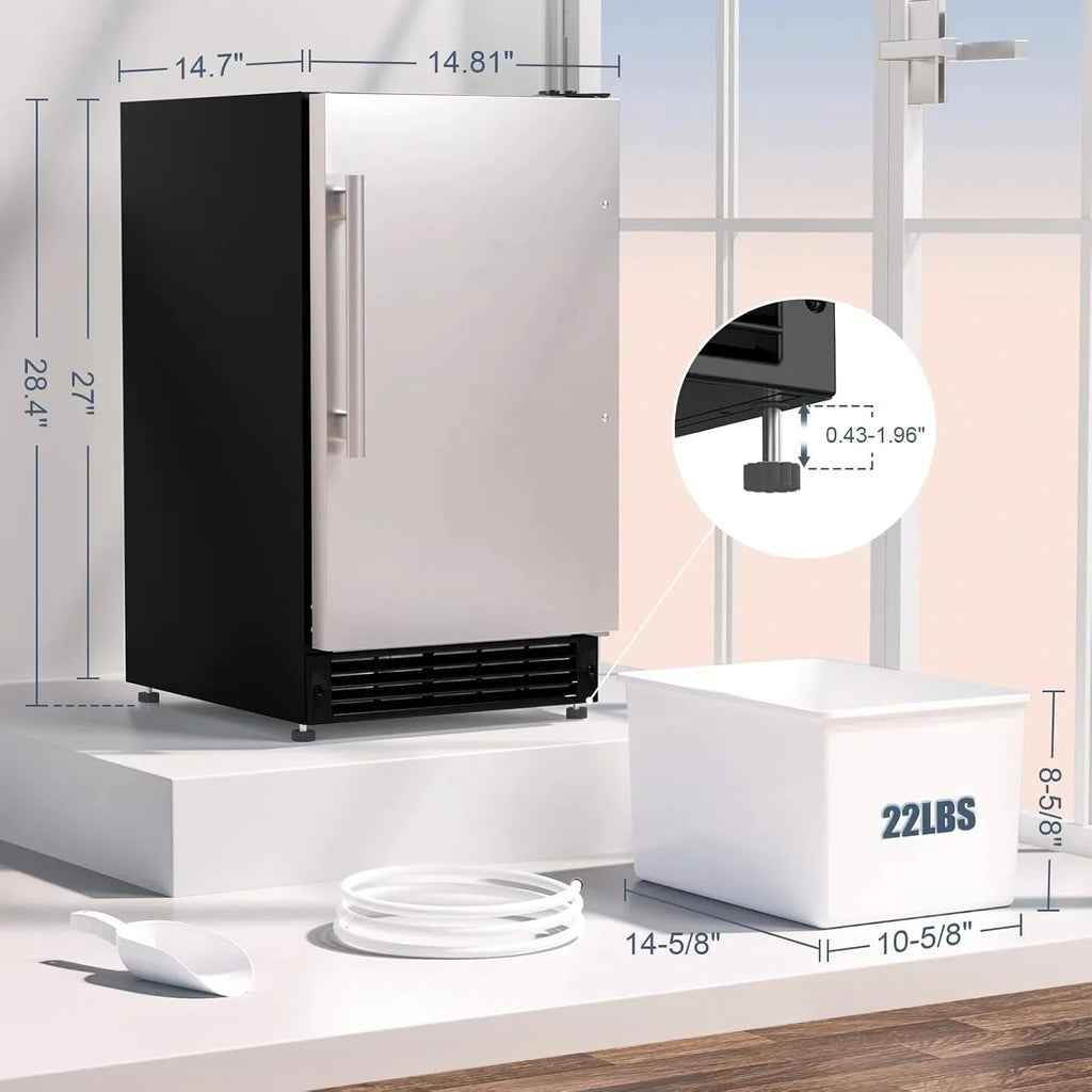 2025 COTLIN Máquina de Hielo Empotrable Sin Drenaje – Capacidad de 22 lb, Hielo en Forma de Media Luna, Acero Inoxidable, Uso Doméstico o Comercial, Certificada ETL