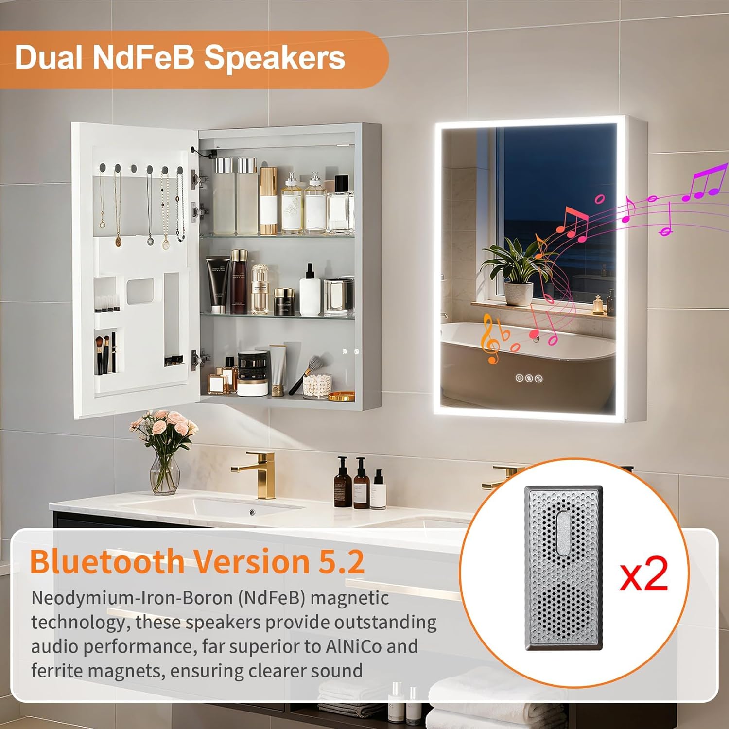 LUVODI Armario de Baño con Espejo con Luz LED Bluetooth 50x70x14.3 cm, Gabinete de Espejo con Antivaho, Luz de 3 Colores Ajustable, Bisagra Silenciosa, Mueble Baño de Pared con Toma de Corriente