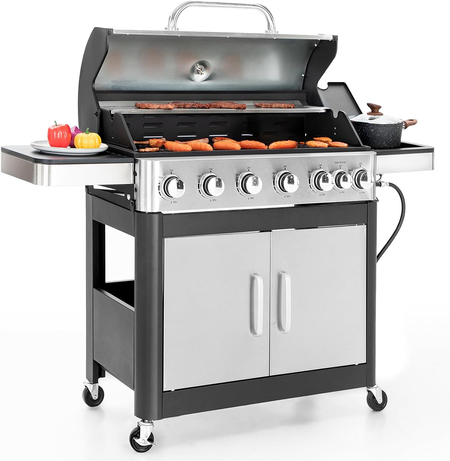 2025 Parrilla a Gas con Quemador Lateral y Parrilla de Hierro Fundido Esmalte Porcelánico 42,000 BTU, Parrilla Portátil de Acero Inoxidable, Propano