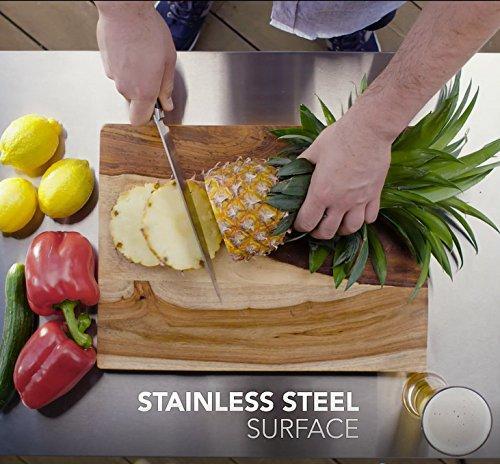 Keter Unity Mesa portátil al aire libre y gabinete de almacenamiento con ganchos para accesorios de parrilla: superficie de acero inoxidable para isla de cocina en patio o carrito de barra, color gris oscuro