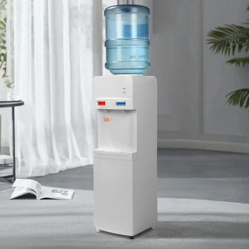 2025 Fuente de agua de carga superior para botellas de 3–5 galones – Agua caliente y fría con seguridad infantil – Blanca