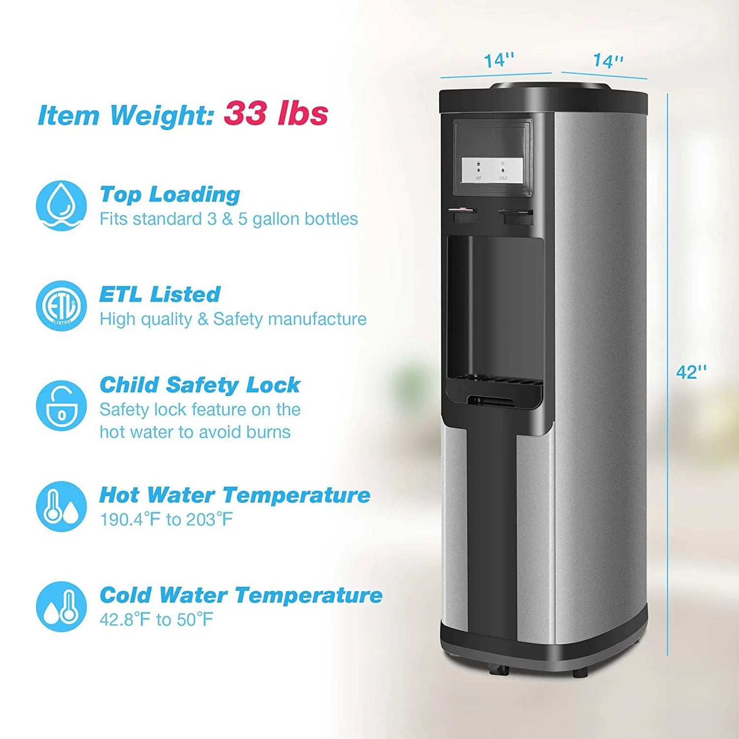2025 Fuente de agua de carga superior para botellas de 3–5 galones – Agua caliente y fría con seguridad infantil – Negra