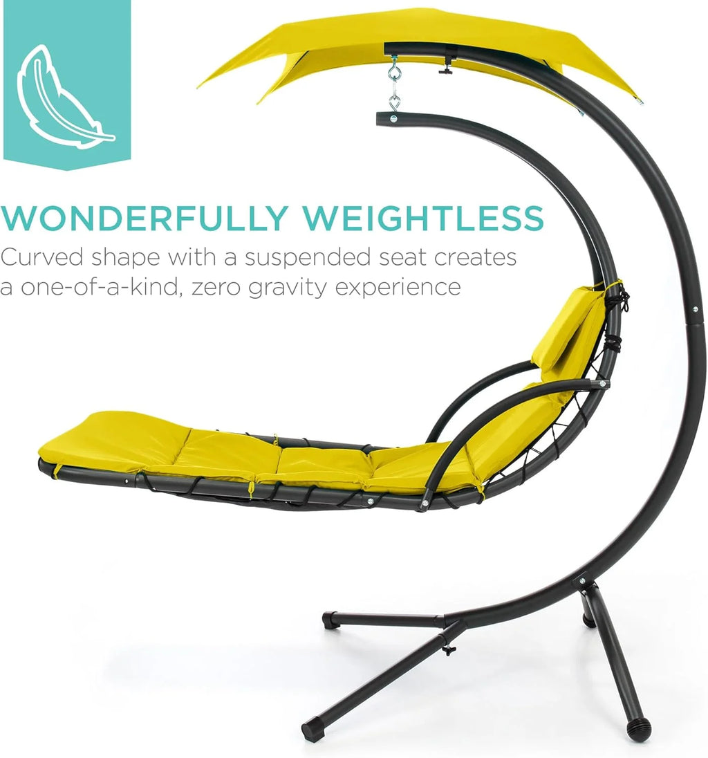 Chaise Longue Suspendue de Exterior Best Choice Products – Silla Balancín Curvada de Acero con Cojín Integrado y Toldo Desmontable – Gris Carbón