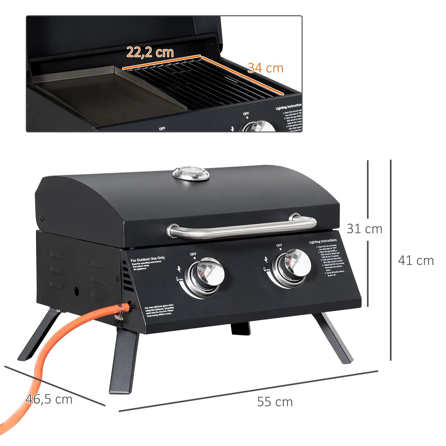 Barbacoa De Mesa A Gas De Acero A Carbono 55x46,5x41cm-outsunny.negro