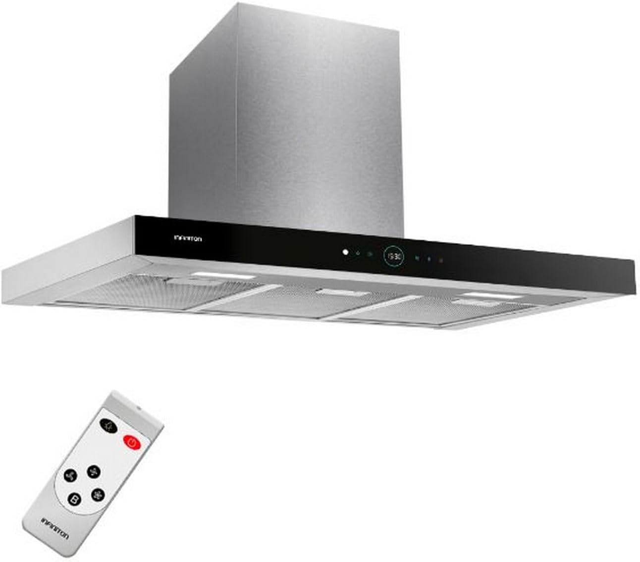 INFINITON Campana Extractora CMPT-A90I 800 m3/h de extracción, Ancho 90 cm, Diseño en T invertida, Touch Panel,4 Niveles de potencia de succión, Función Lampara, A, Inox
