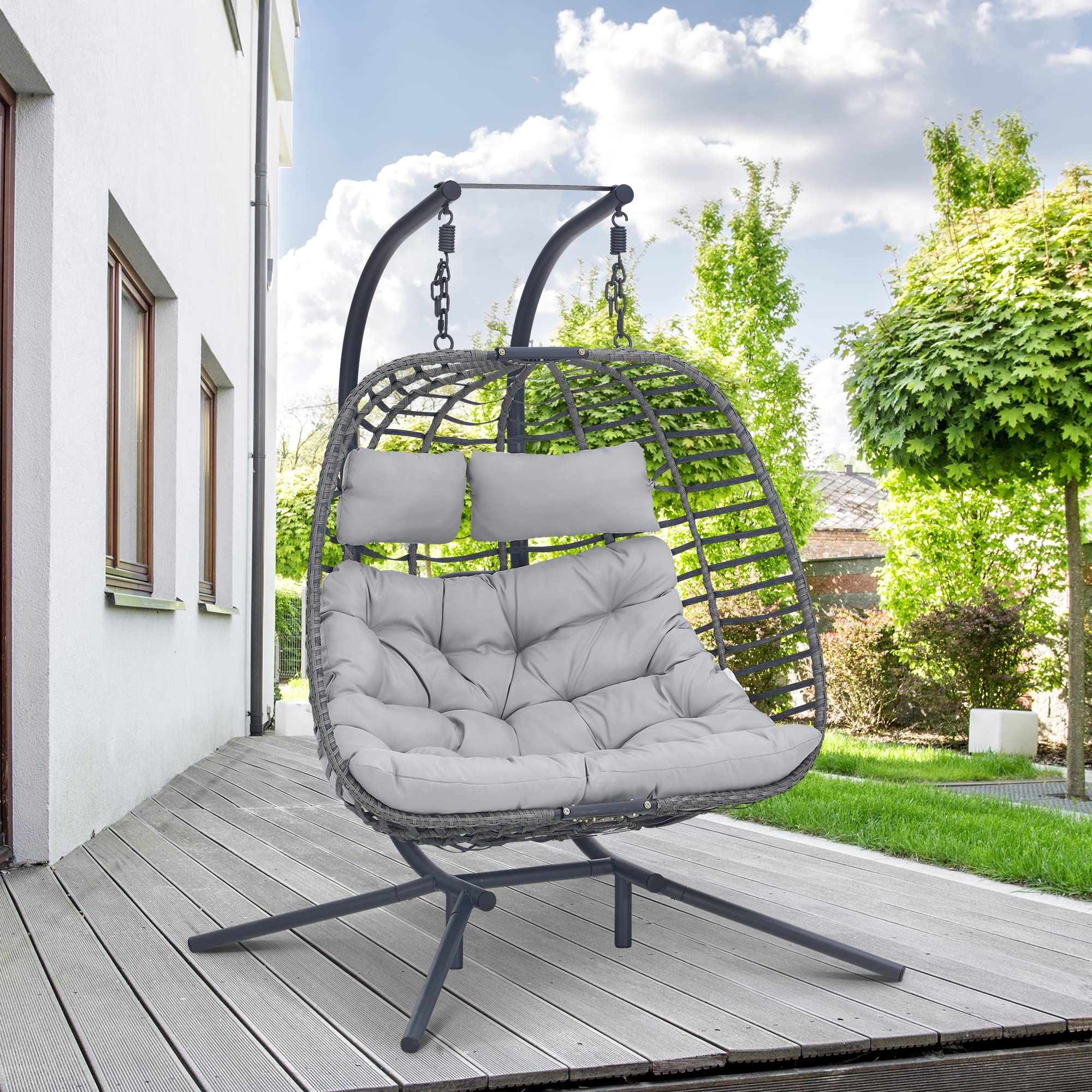 Silla Colgante Doble Tipo Huevo con Base – Gran Silla de Ratán Tejido a Mano para 2 Personas
