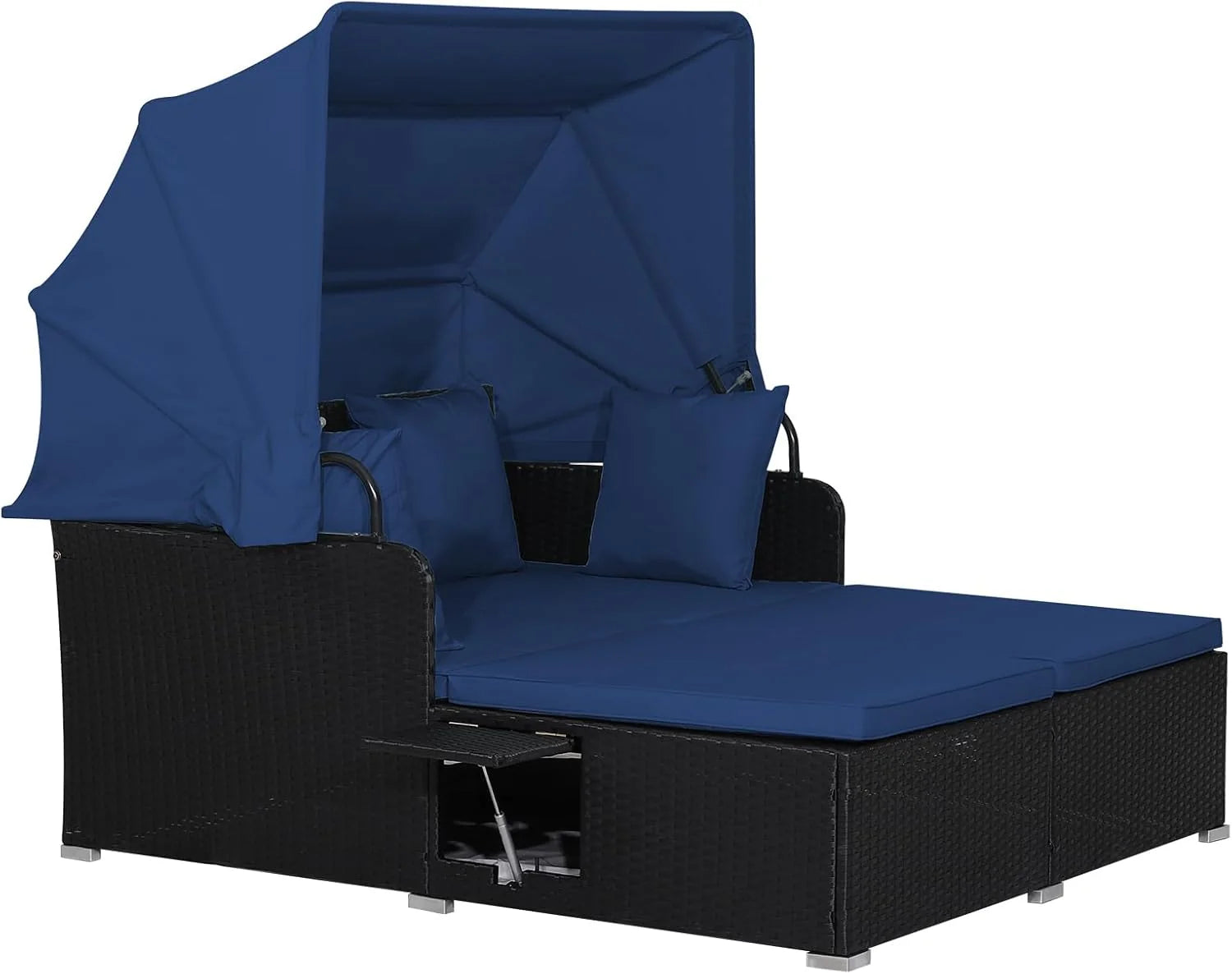 RELAX4LIFE Cama de Jardín Exterior con Dosel, Tumbona de Resina Trenzada con Cojines, 4 Almohadas y 2 Bandejas Laterales Retráctiles, Cama Lounge para 2 Personas para Piscina, Porche, Jardín, Cama de Exterior de Ratán (Turquesa)