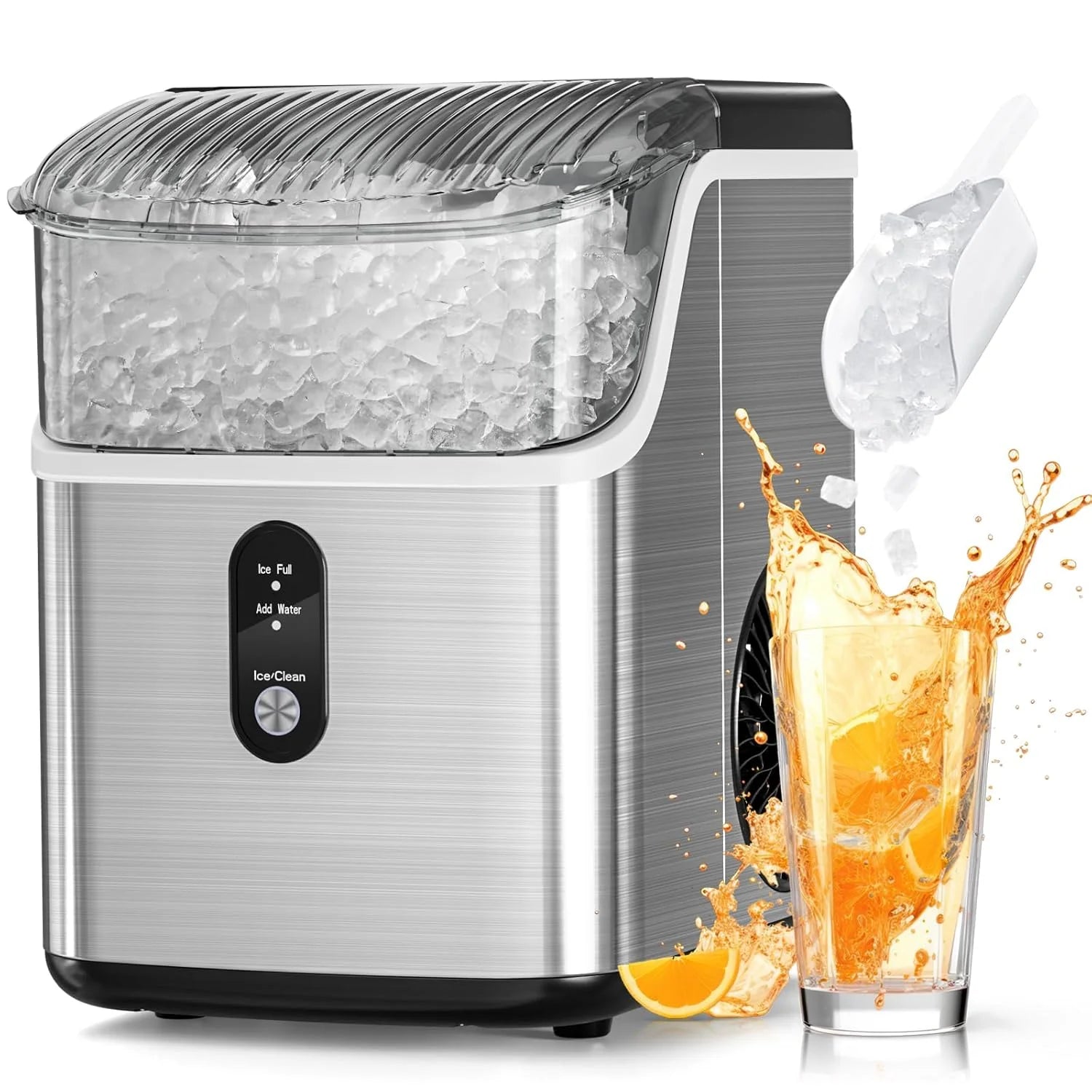 2025 Máquina de hielo tipo nugget para encimera, hielo en trozos masticables, 15 kg/24 h, autolimpiante, hielo sónico, operación con un solo botón, para cocina u oficina, acero inoxidable plateado