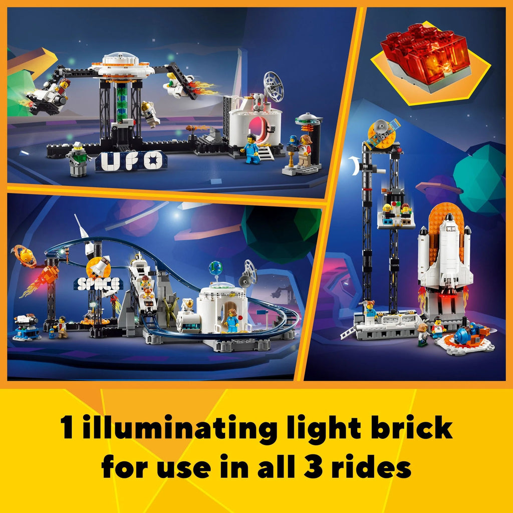LEGO Creator 3 en 1 Montaña Rusa Espacial, Parque de Diversiones Reconstruible, Construye una Montaña Rusa Enroscada, Torre de Caída o Carrusel Giratorio, con 5 Minifiguras, Set de Construcción para Niños de 9 Años en Adelante, 31142