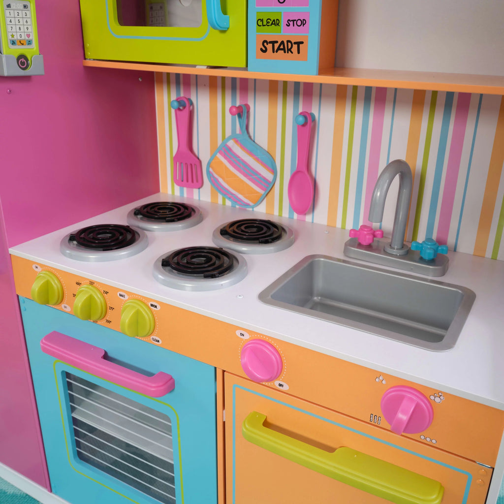 KidKraft Cocina de Juguete de Madera Deluxe Grande y Brillante para Niños, Colores Neón