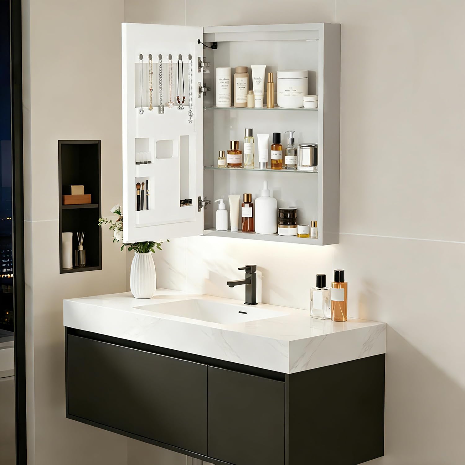 LUVODI Armario de Baño con Espejo con Luz LED Bluetooth 50x70x14.3 cm, Gabinete de Espejo con Antivaho, Luz de 3 Colores Ajustable, Bisagra Silenciosa, Mueble Baño de Pared con Toma de Corriente