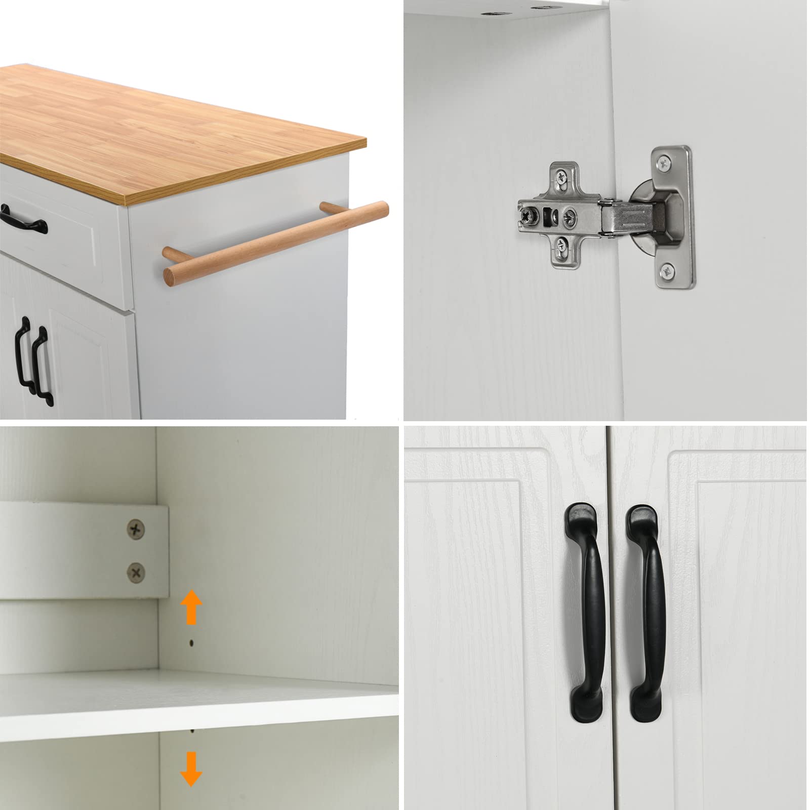 4 EVER WINNER Isla de Cocina Blanca con Almacenamiento sobre Ruedas, Carrito de Cocina Móvil con 2 Cajones y 4 Gabinetes de Almacenaje, Encimera de Madera, Barras para Toallas, Estantes Ajustables