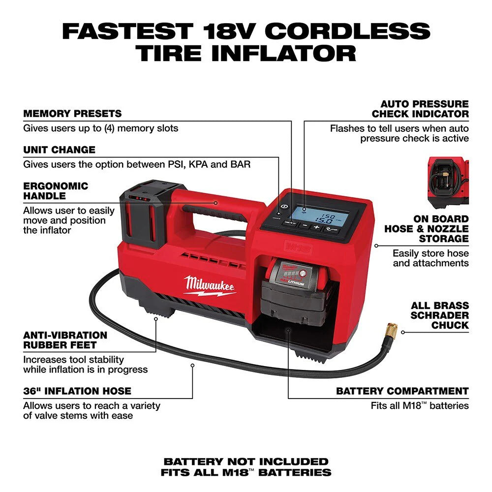 2025 Milwaukee 2848-20 M18 Inflador Compacto de Neumáticos, Solo Herramienta