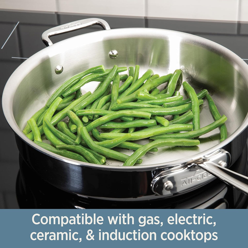 All-Clad D3 Sartén para Saltear de Acero Inoxidable de 3 Capas, 6 Cuartos, Compatible con Inducción, Horno y Grill hasta 600°F, Ollas y Sartenes, Color Plateado
