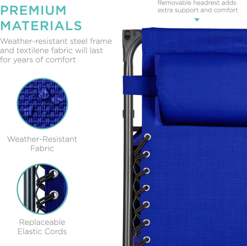 Best Choice Products – Silla Reclinable de Patio con Gravedad Cero, Ajustable y Plegable para Exteriores con Dosel, Almohada Cervical y Bandeja Lateral, Textileno – Azul Pavo Real