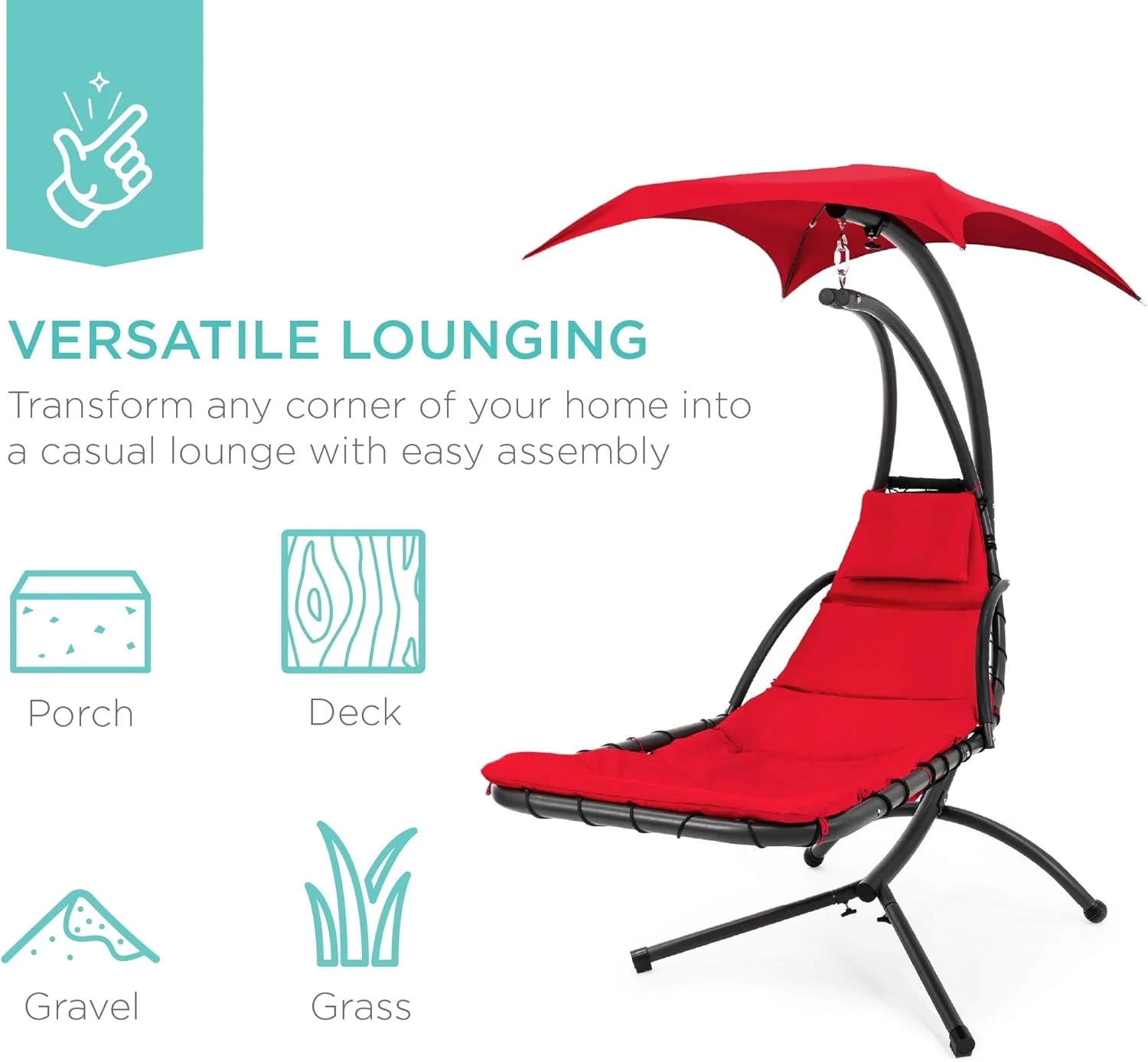 Chaise Longue Suspendue de Exterior Best Choice Products – Silla Balancín Curvada de Acero con Cojín Integrado y Toldo Desmontable – Gris Carbón