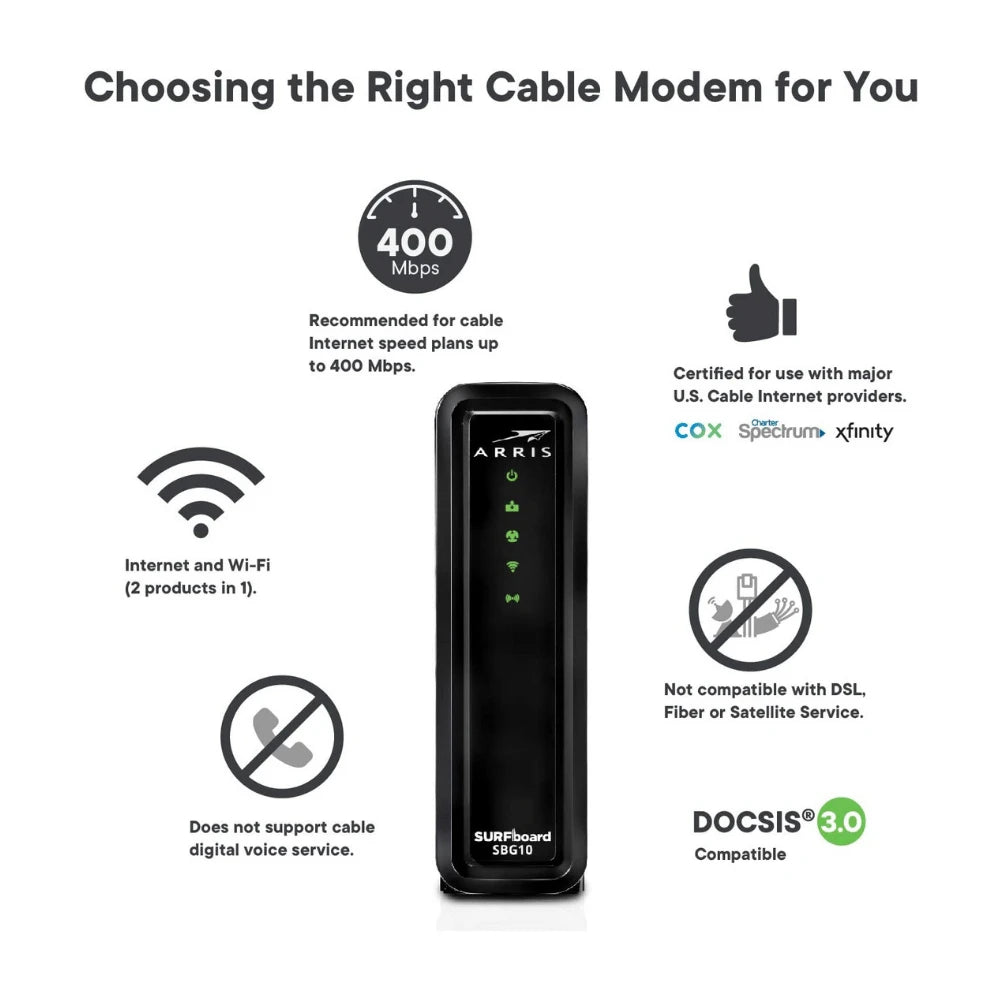 Arris SURFboard SBG10 Módem de Cable DOCSIS 3.0 y Router Wi-Fi de Banda Dual AC1600