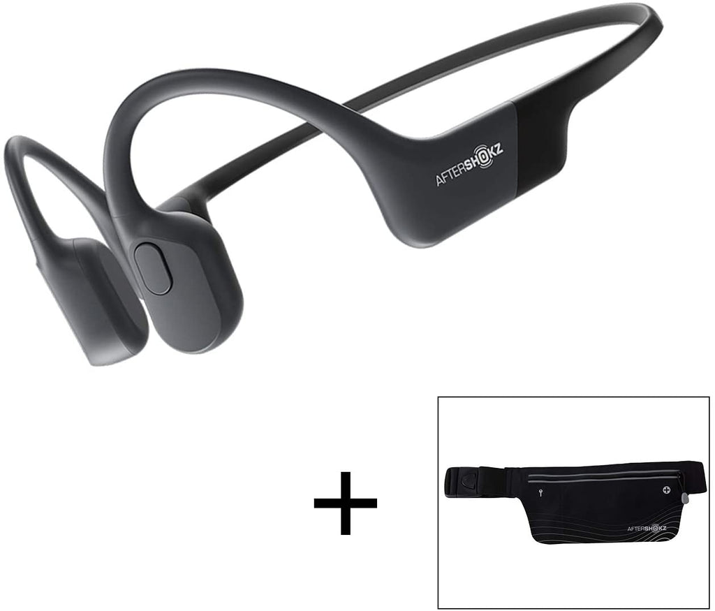 AfterShokz Aeropex Auriculares Inalámbricos de Conducción Ósea de Oreja Abierta con Cinturón Deportivo, Negro Cósmico, 2.3