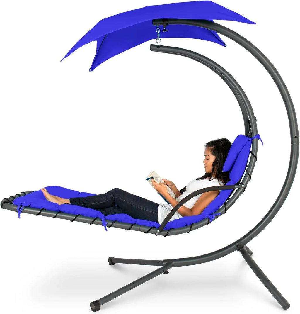 Chaise Longue Suspendue de Exterior Best Choice Products – Silla Balancín Curvada de Acero con Cojín Integrado y Toldo Desmontable – Gris Carbón