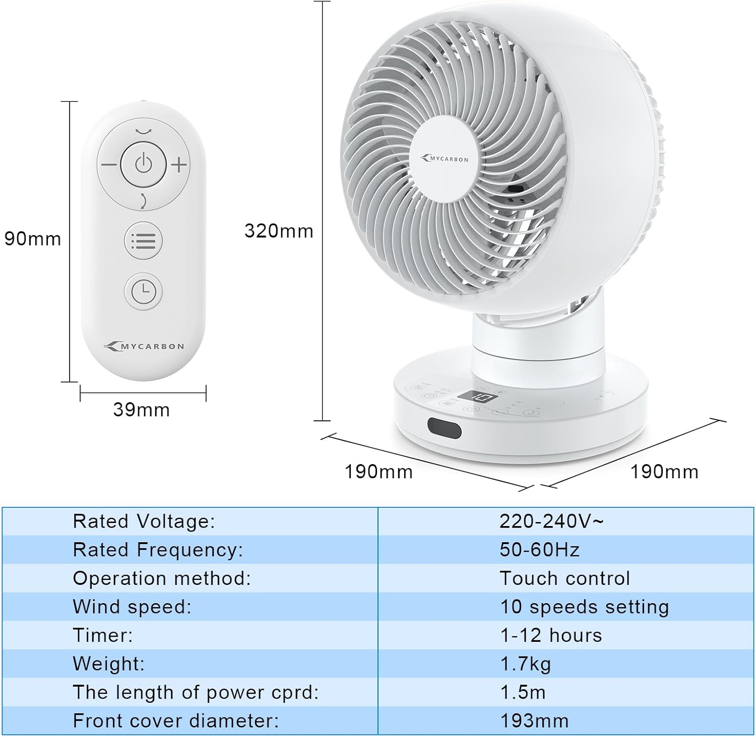 MYCARBON Ventilador de Mesa Turbo Silencioso 20dB, Motor DC Potente, Oscilación de 30°-60°-90°, 11 Velocidades, Temporizador 12h y Encendido Programado, con Control Remoto