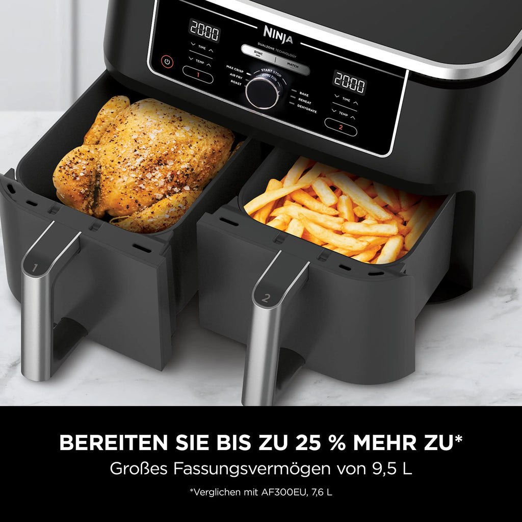 2025 Ninja Foodi MAX Freidora de Aire Digital Doble Zona, 9,5 L, 2 Compartimentos, Recubrimiento Antiadherente, Cestas Aptas para Lavavajillas, 6 en 1, 8 Porciones, Negro AF400EU
