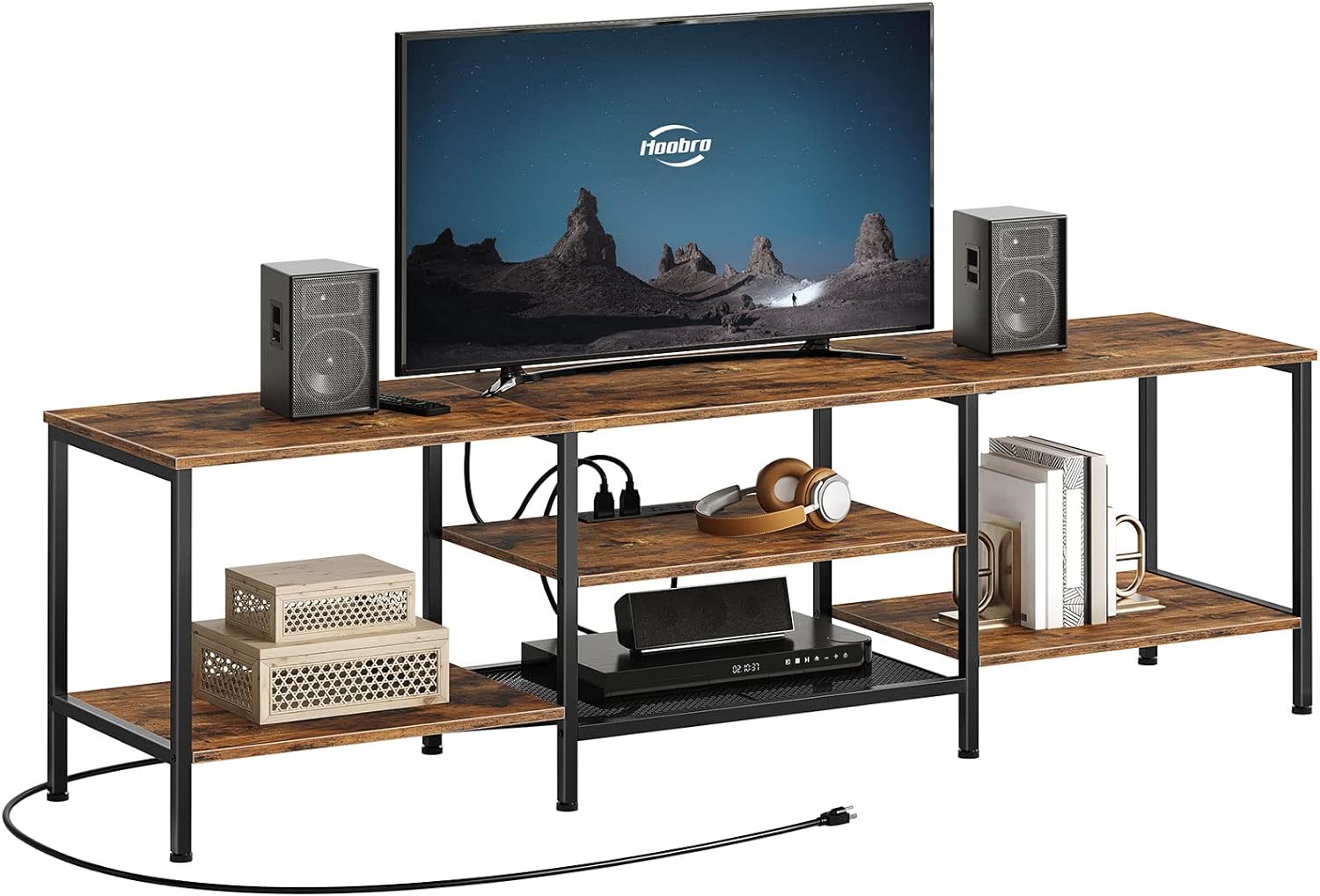 Mueble para TV con Enchufes Integrados para TVs de hasta 75 Pulgadas, Mesa Consola con Estantes Abiertos, Centro de Entretenimiento Industrial para Sala o Dormitorio, Color Marrón Rústico y Negro BF60DS01