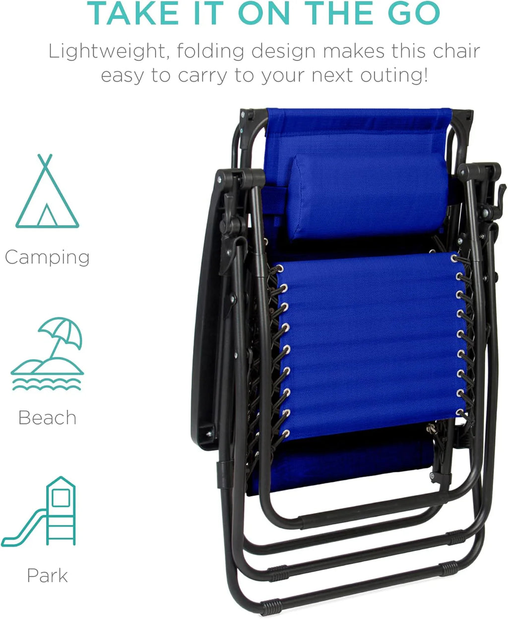 Best Choice Products – Silla Reclinable de Patio con Gravedad Cero, Ajustable y Plegable para Exteriores con Dosel, Almohada Cervical y Bandeja Lateral, Textileno – Azul Pavo Real