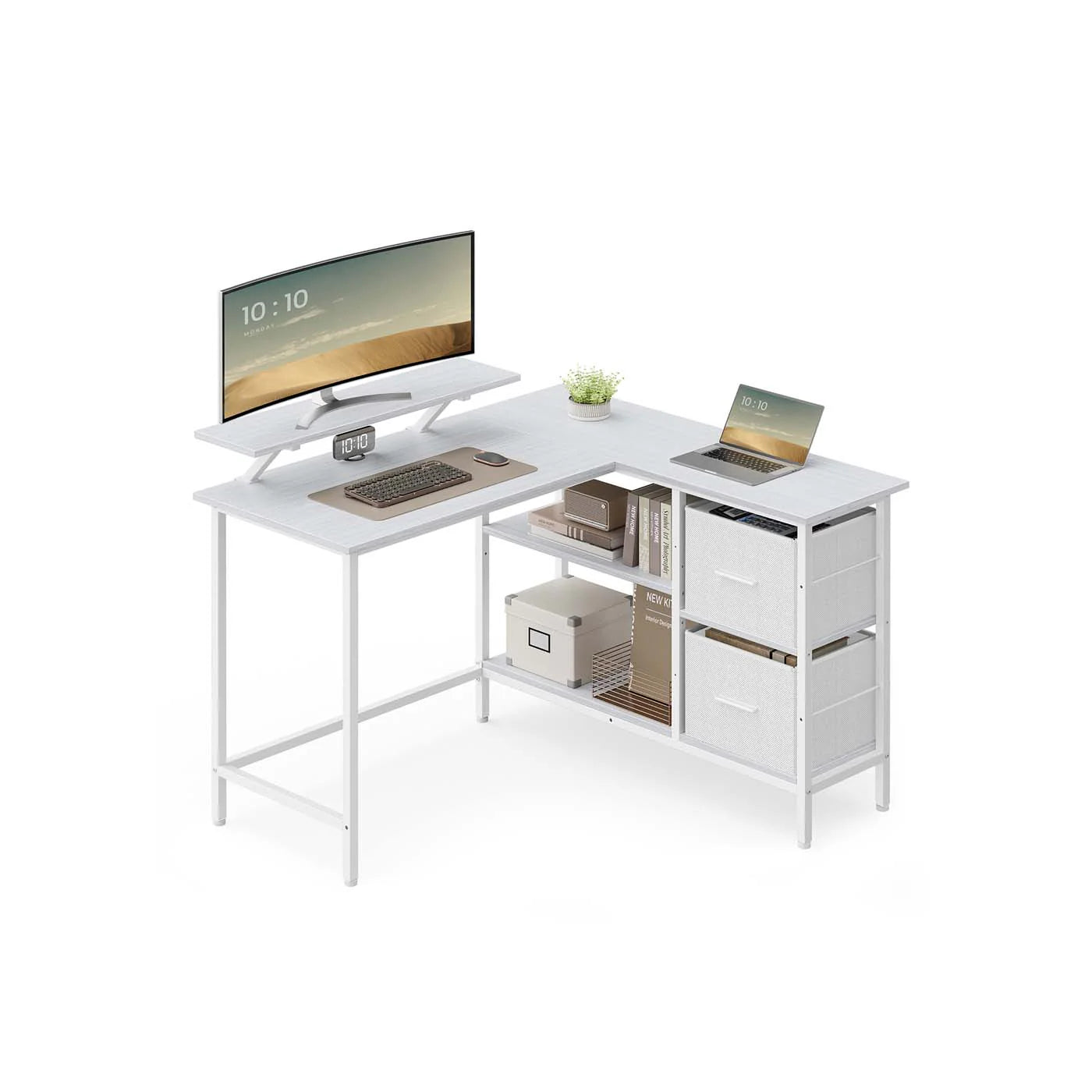 Escritorio en Forma de L con Amplios Cajones con Soporte para Monitor