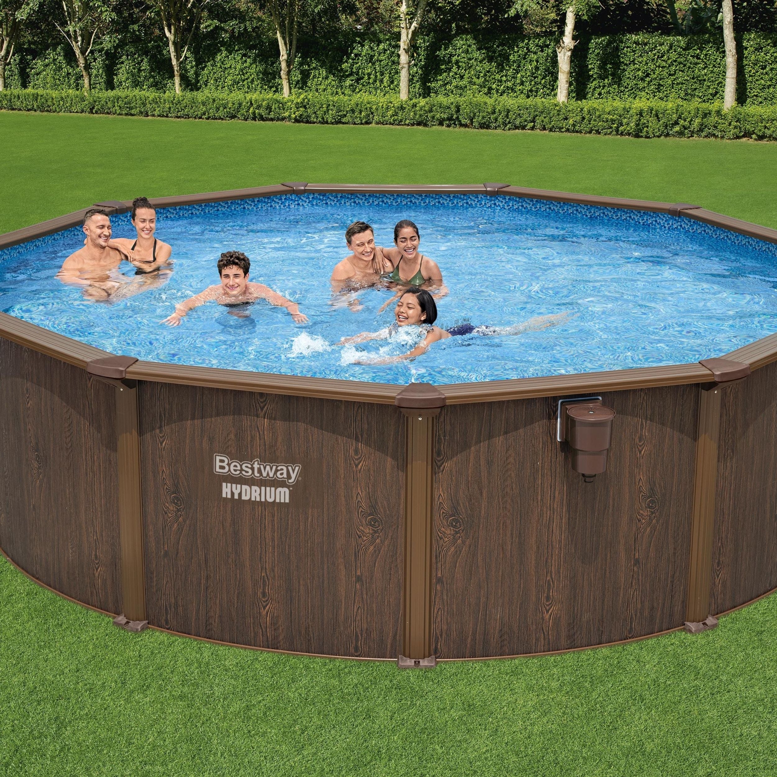2025 Piscina Elevada Redonda 16ft x 52in con Estampado de Madera, Estructura de Acero Hydrium