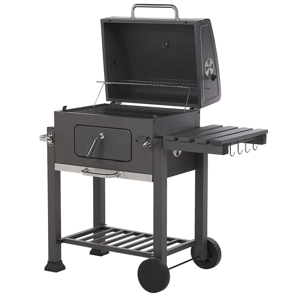 Barbacoa De Carbón Parrilla De Acero Gris Con Tapa Rejilla Ruedas 2 Estantes Termómetro Cenicero Extraíble Jardín Pavlof - Gris
