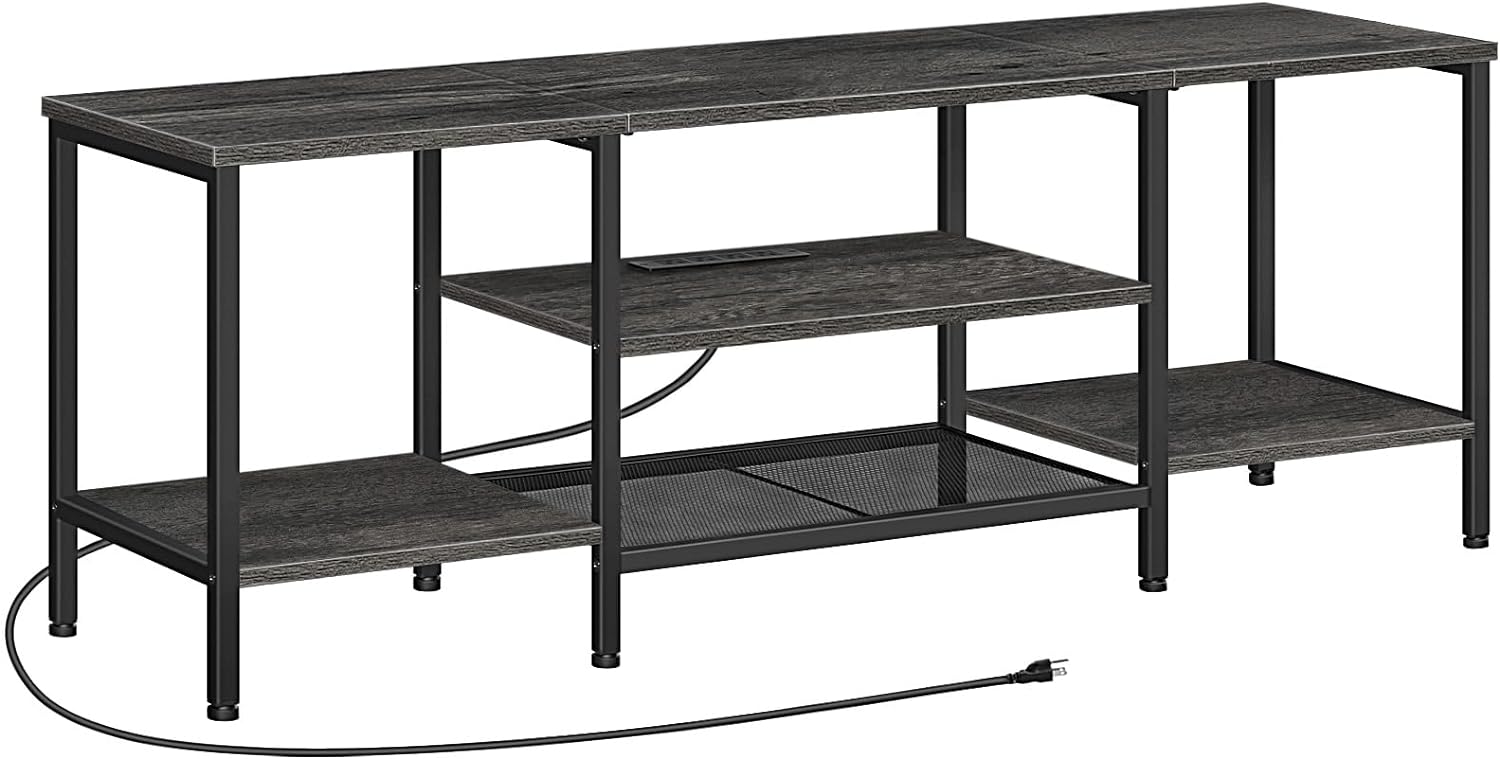 Mueble para TV con Enchufes Integrados para TVs de hasta 75 Pulgadas, Mesa Consola con Estantes Abiertos, Centro de Entretenimiento Industrial para Sala o Dormitorio, Color Marrón Rústico y Negro BF60DS01