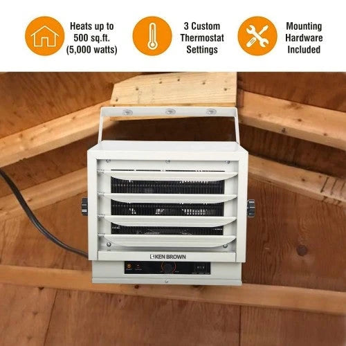 Calefactor de Techo con Ventilador Forzado KEN BROWN de 3000/4000/5000W con Controles de Perilla Doble para Garaje, Taller, Almacén o Área de Almacenamiento, Certificación de Seguridad ETL